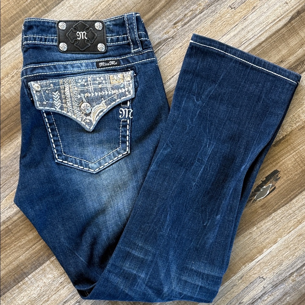 Miss Me Dark Blue Embellished Flare Jeans with Contrast Stitching